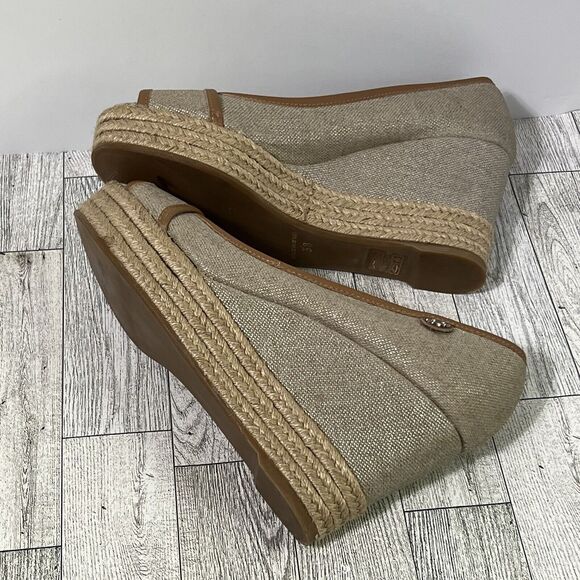 TORY BURCH MAJORCA Logo Wedge Espadrille Shoes Womens 8 EU 38 Plata Tan Metallic - Picture 15 of 17